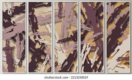 Panel ondulado en tonos beige-marrón. Formas de arte que se superponen caóticamente y se estilizan como trazos de pincel. Cinco imágenes en marcos finos blancos. Plantilla para los proyectos. Vector.