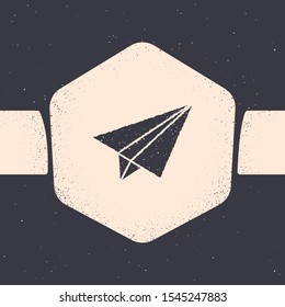 Grunge Paper airplane icon isolated on grey background. Monochrome vintage drawing. Vector Illustration