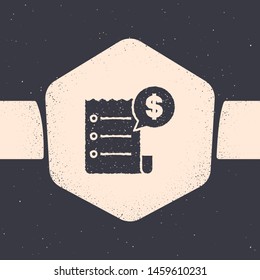 Grunge Paper check and financial check icon isolated on grey background. Paper print check, shop receipt or bill. Monochrome vintage drawing. Vector Illustration