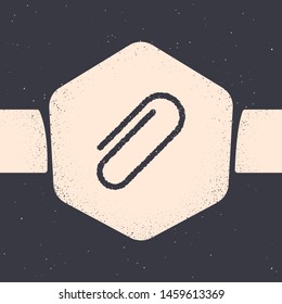 Grunge Paper clip icon isolated on grey background. Monochrome vintage drawing. Vector Illustration