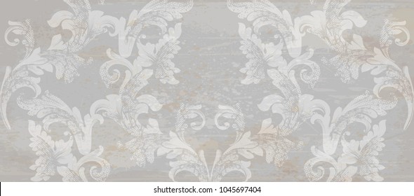 Grunge paper Damask pattern ornament decor Vector. Baroque fabric texture illustration designs