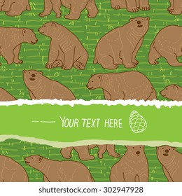 Grunge paper frame with bears and pine. Isolated vector seamless pattern