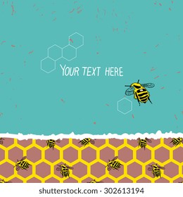Grunge paper frame with bees. Isolated hexagonal vector seamless pattern