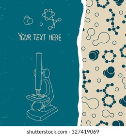 Grunge paper frame with microscope. Isolated vector science lab seamless pattern