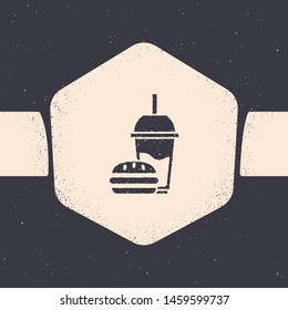 Grunge Paper glass with drinking straw and burger icon isolated on grey background. Soda aqua drink sign. Hamburger, cheeseburger sandwich. Monochrome vintage drawing. Vector Illustration