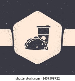 Grunge Paper glass and taco with tortilla icon isolated on grey background. Soda aqua drink sign. Hamburger, burger, cheeseburger sandwich. Monochrome vintage drawing. Vector Illustration