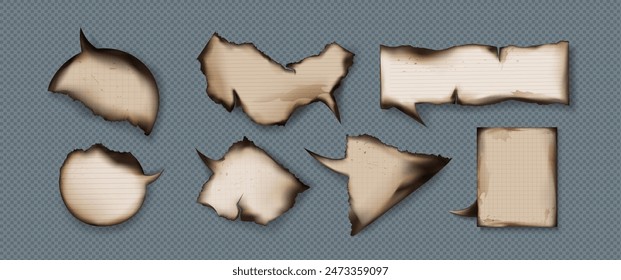 Grunge paper speech bubbles with burnt edges and stains. Realistic 3d vector illustration set of vintage brown textured scorched parchment pieces. Speak and think message rough scrapbook frame.