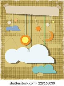 Grunge paper textured background with sun,star,moon with white cloud.Blank cloud design element with place for your text.Vector file.