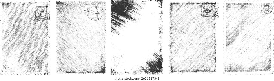 Texturas de papel grunge com selos postais e bordas rasgadas em preto e branco.