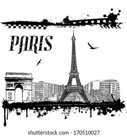 Grunge Paris cityscape background on white, vector illustration