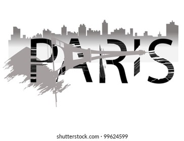Grunge Paris lettering with city silhouette