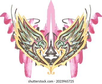 Grunge parrot heads in the heart form on pink splashes for your creative ideas. Two parrot heads in the shape of a heart for holidays and events, prints and tattoo, textiles and wallpaper, cards, etc.