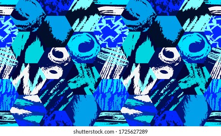 Grunge pattern. Abstract hexagon grungy elements. Quirky sketches fabric design. Ink strokes. Paint strokes creative background. Grunge scribbles.