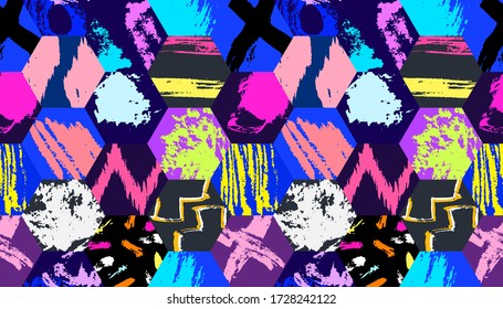 Grunge pattern. Abstract hexagon grungy elements. Quirky sketches fabric design. Ink strokes. Paint strokes creative background. Grunge scribbles.