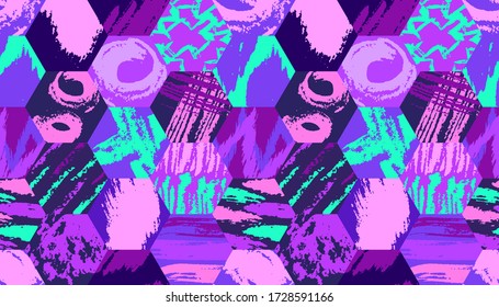 Grunge pattern. Abstract hexagon grungy elements. Quirky sketches fabric design. Ink strokes. Paint strokes creative background. Grunge scribbles.