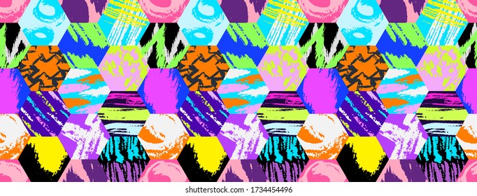 Grunge pattern. Abstract hexagon grungy elements. Quirky sketches fabric design. Ink strokes. Paint strokes creative background. Grunge scribbles.