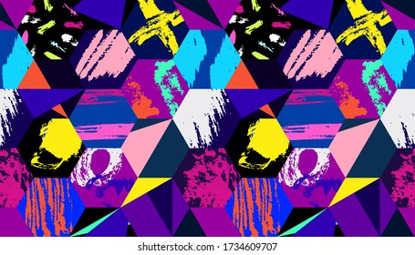 Grunge Muster. Abstrakte Hexagon-grungy Elemente. Quirky skizziert Stoffdesign. Tintenstriche. Pinselstriche kreativen Hintergrund. Grunge wirbelt.