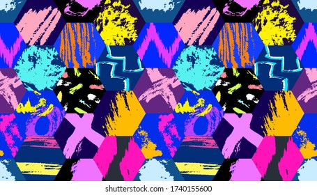 Grunge pattern. Abstract hexagon grungy elements. Quirky sketches fabric design. Ink strokes. Paint strokes creative background. Grunge scribbles.