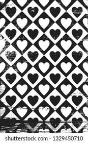 Grunge pattern with circus icons of hearts. Vertical 
black and white backdrop.