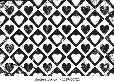 Grunge pattern with circus icons of hearts. Horizontal black and white backdrop.