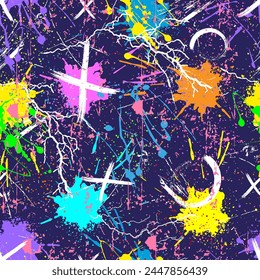 grunge pattern with colorful blots, spray, signs and geometric elements