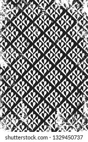 Grunge pattern with geometric icons of hearts. Vertical black and white backdrop.