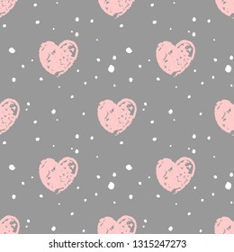 Grunge pattern with hand drawn pastel pink hearts and white polka dots. Vintage seamless texture. Valentine's Day, marriage, wedding, love background. Vector.