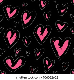 Grunge pattern with heart. Simple flat design. Seamless with black background. Paint brushed symbol. Handwritten heart. Hand drawn design element. Rough brush strokes illustration. Hand drawn shapes. 