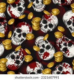 Grunge pattern with human skulls, golden coins, red paint splatter, halftone shapes. Gothic style. Concept of money. For apparel, fabric, textile, surface decoration.