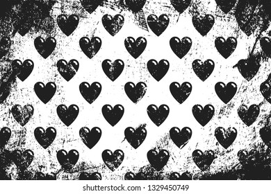 Grunge pattern with icons of bubble hearts. Horizontal black and white backdrop.