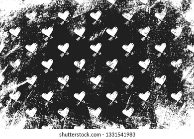 Grunge pattern with icons of cupid hearts. Horizontal black and white backdrop.