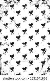 Grunge pattern with icons of cupid hearts. Vertical black and white backdrop.