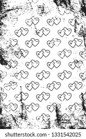 Grunge pattern with icons of double magnet hearts. Vertical black and white backdrop.