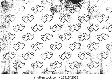 Grunge pattern with icons of double magnet hearts. Horizontal black and white backdrop.