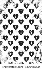 Grunge pattern with icons of keyhole hearts. Vertical black and white backdrop.