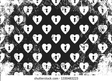 Grunge pattern with icons of keyhole hearts. Horizontal black and white backdrop.