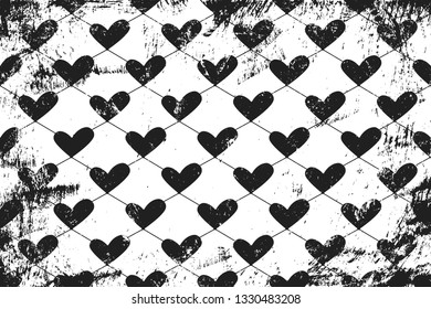 Grunge pattern with icons of related hearts. Horizontal black and white backdrop.