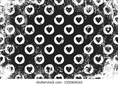 Grunge pattern with icons of stamp hearts. Horizontal black and white backdrop.