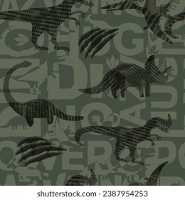 Grunge pattern with lettering and dinosaurs silhouette. Dino repeat print typography. Abc background. Graffiti texured lettering ornament. Jurassic period wild animals silhouette cover print