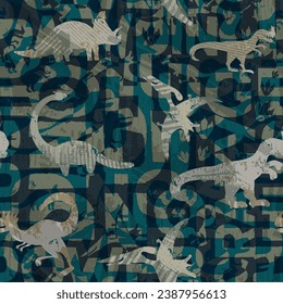 Grunge pattern with lettering and dinosaurs silhouette. Dino repeat print typography. Abc background. Graffiti texured lettering ornament. Jurassic period wild animals silhouette cover print