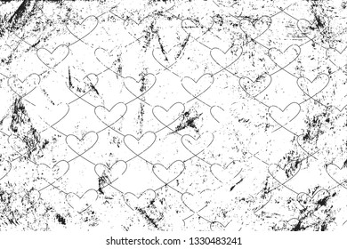 Grunge pattern with line art icon related hearts. Horizontal black and white backdrop.