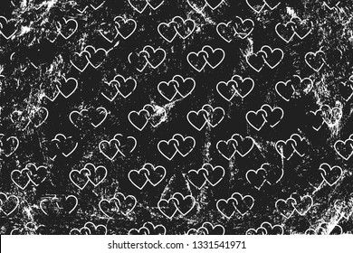 Grunge pattern with line art icons of double hearts. Horizontal black and white backdrop.