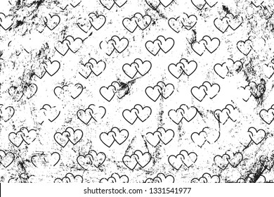 Grunge pattern with line art icons of double hearts. Horizontal black and white backdrop.