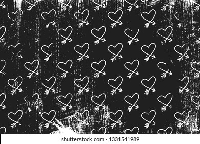 Grunge pattern with line art icons of cupid hearts. Horizontal black and white backdrop.