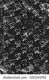 Grunge pattern with line art icons of cupid hearts. Vertical black and white backdrop.