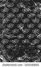Grunge pattern with line art icons of double cupid hearts. Vertical black and white backdrop.