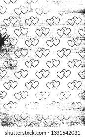 Grunge pattern with line art icons of double hearts. Vertical black and white backdrop.
