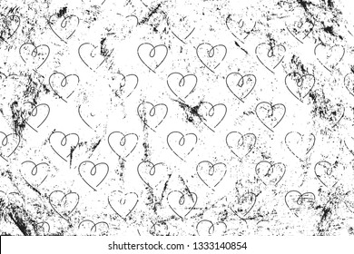 Grunge pattern with line art icons of hearts. Horizontal black and white backdrop.