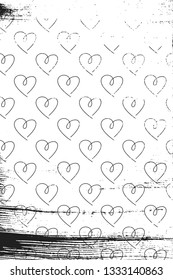 Grunge pattern with line art icons of hearts. Vertical black and white backdrop.