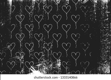 Grunge pattern with line art icons of ballon hearts. Horizontal black and white backdrop.